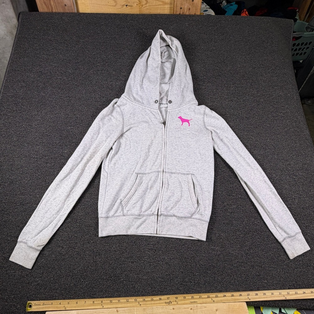 PINK Victoria's Secret Hoodie Womens Small Full Zip Gray Logo Graphic 282064 EUC